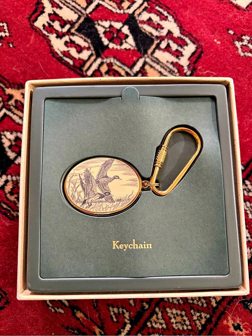 Barlow Mallards in Flight Faux Scrimshaw Keychain Gold & Green NIB
